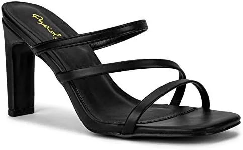 Kaylee Mules for Women - Black Faux Leather Open Toe Slip On Heels - 6
