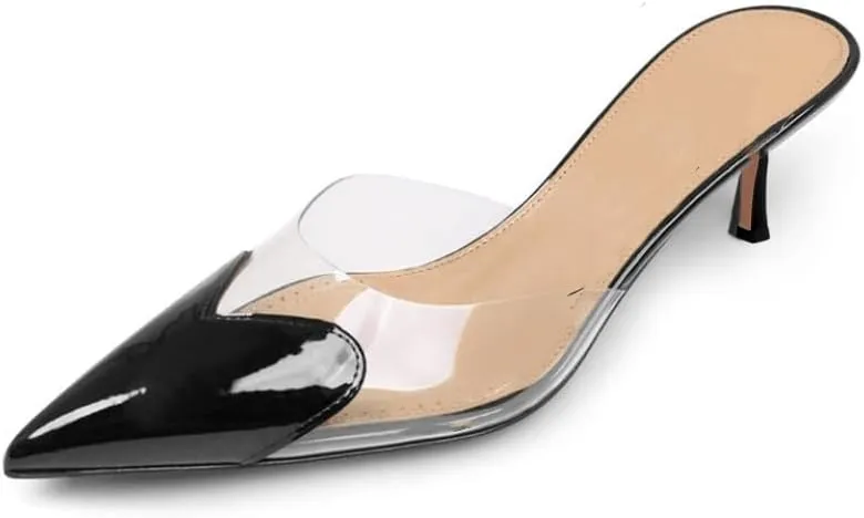 keleimusi Women's Kitten Heel Heart Heeled Mules Semi-transparent PVC Slip On Pumps Closed Pointed Toe Heeled Sandals for Women Dressy Party Wedding Shoes