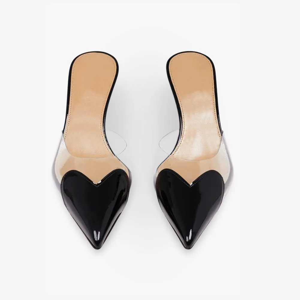 keleimusi Women's Kitten Heel Heart Heeled Mules Semi-transparent PVC Slip On Pumps Closed Pointed Toe Heeled Sandals for Women Dressy Party Wedding Shoes