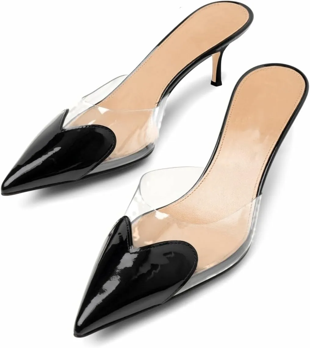 keleimusi Women's Kitten Heel Heart Heeled Mules Semi-transparent PVC Slip On Pumps Closed Pointed Toe Heeled Sandals for Women Dressy Party Wedding Shoes