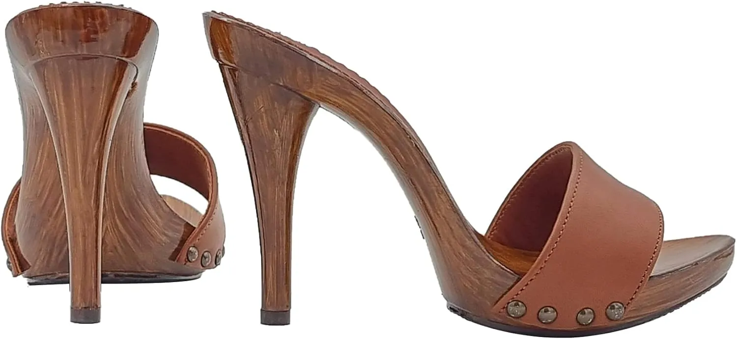 Kiara Shoes Mules with Heel 12 and Upper in Genuine Leather - KM7203 Cuoio