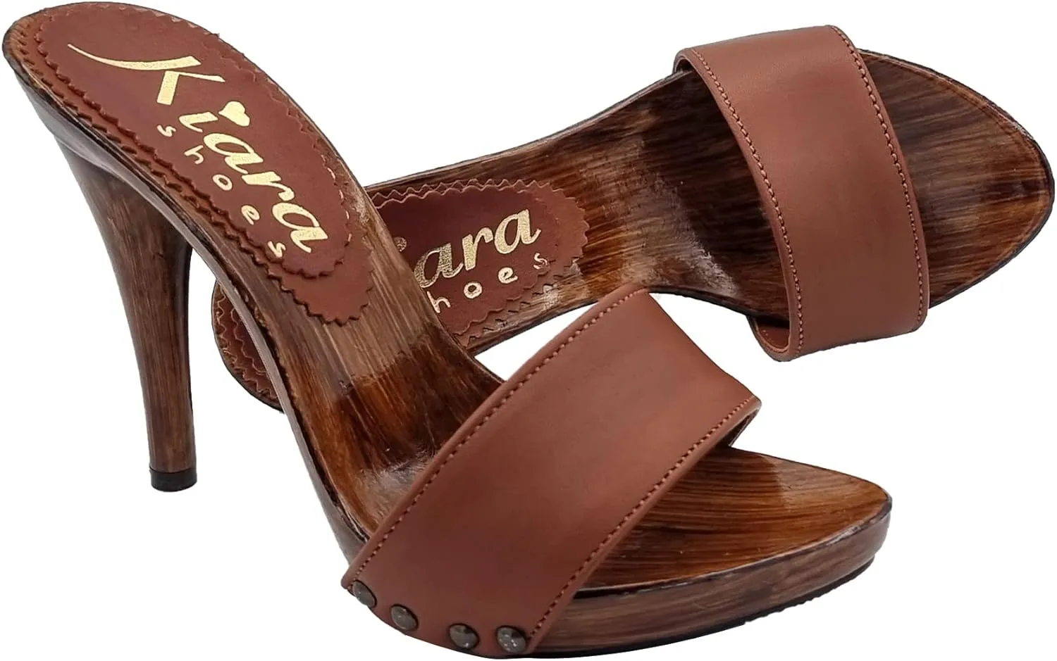 Kiara Shoes Mules with Heel 12 and Upper in Genuine Leather - KM7203 Cuoio