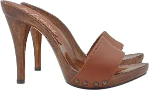 Kiara Shoes Mules with Heel 12 and Upper in Genuine Leather - KM7203 Cuoio
