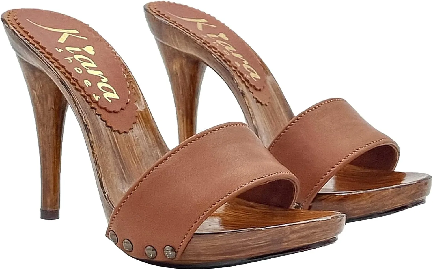 Kiara Shoes Mules with Heel 12 and Upper in Genuine Leather - KM7203 Cuoio