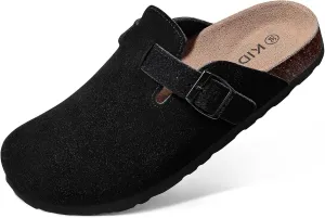 KIDMI Women's Suede Clogs Leather Mules Cork Footbed Sandals Potato Shoes with Arch Support Black 44 (Size 12)