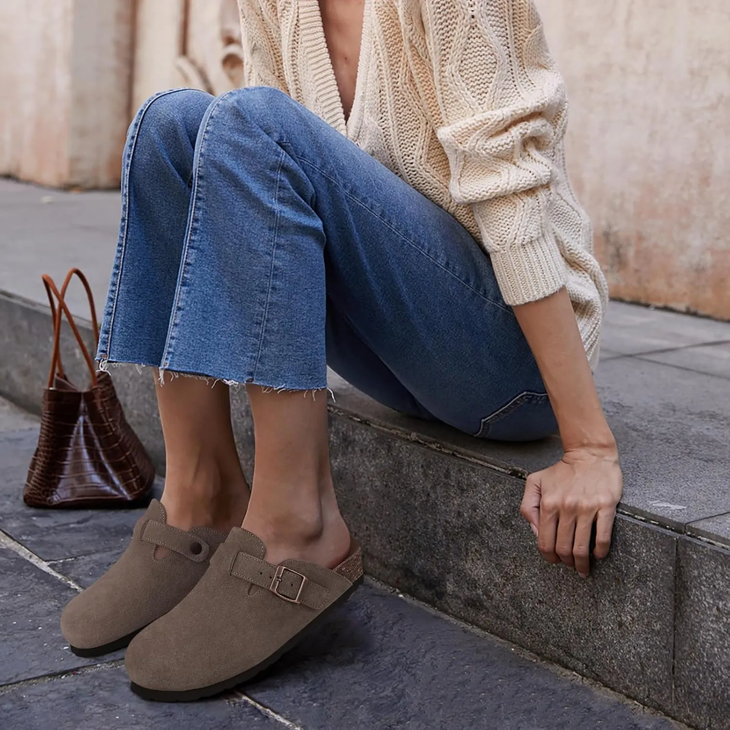 KIDMI Women's Suede Clogs Leather Mules Cork Footbed Sandals Potato Shoes with Arch Support