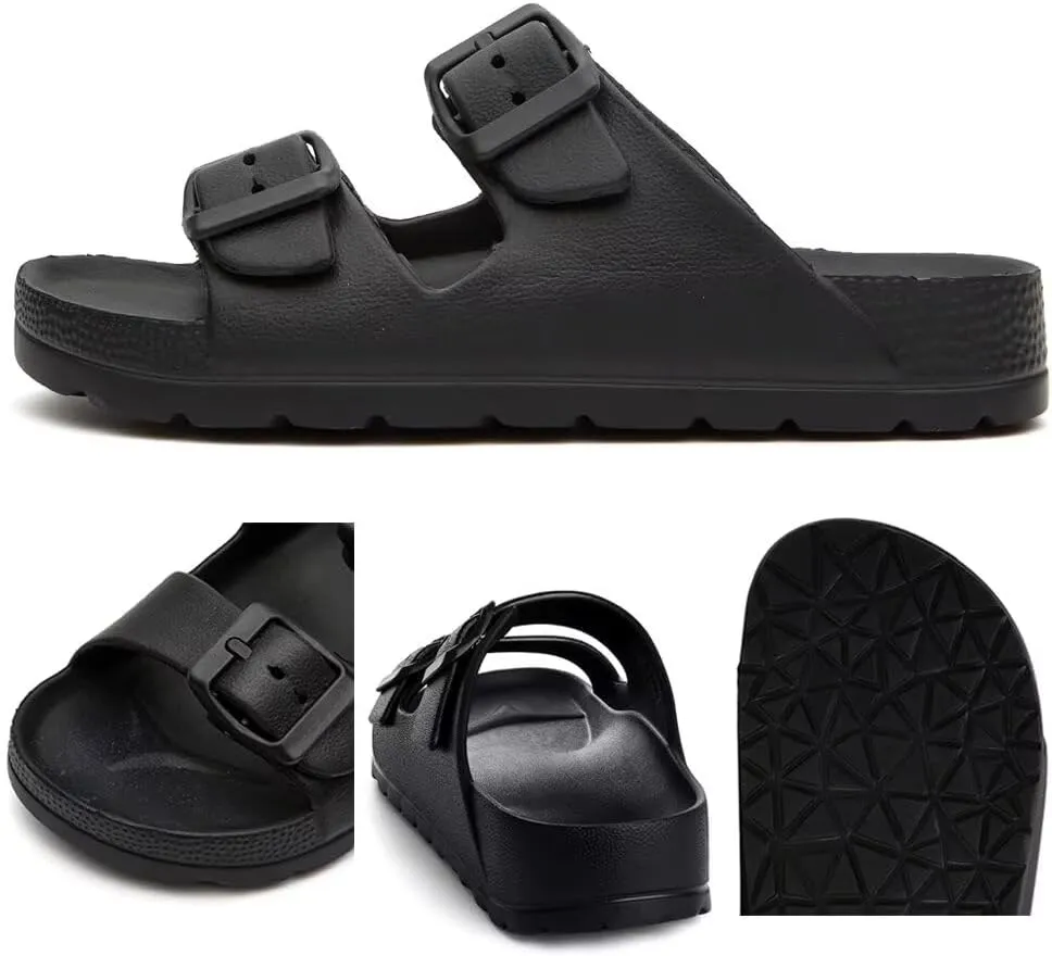 Kids Slides Sandals for Boys Girls Toddler Double Buckle Adjustable Flat Sandals Beach Pool Shower Shoes