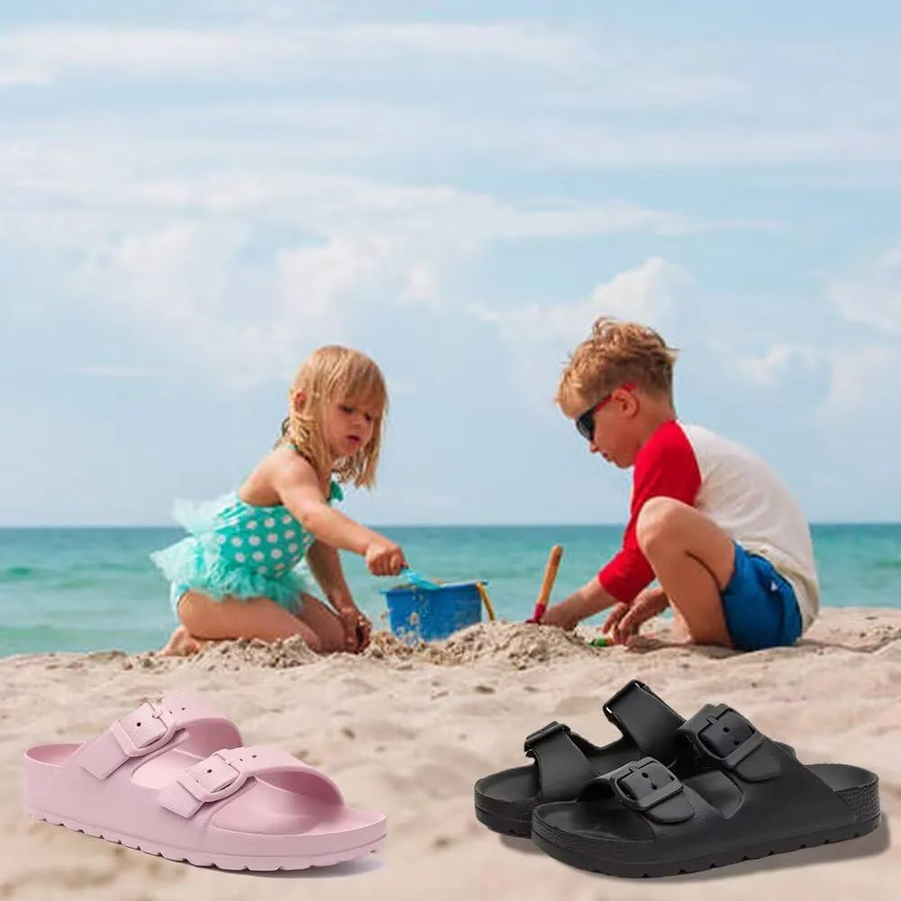 Kids Slides Sandals for Boys Girls Toddler Double Buckle Adjustable Flat Sandals Beach Pool Shower Shoes