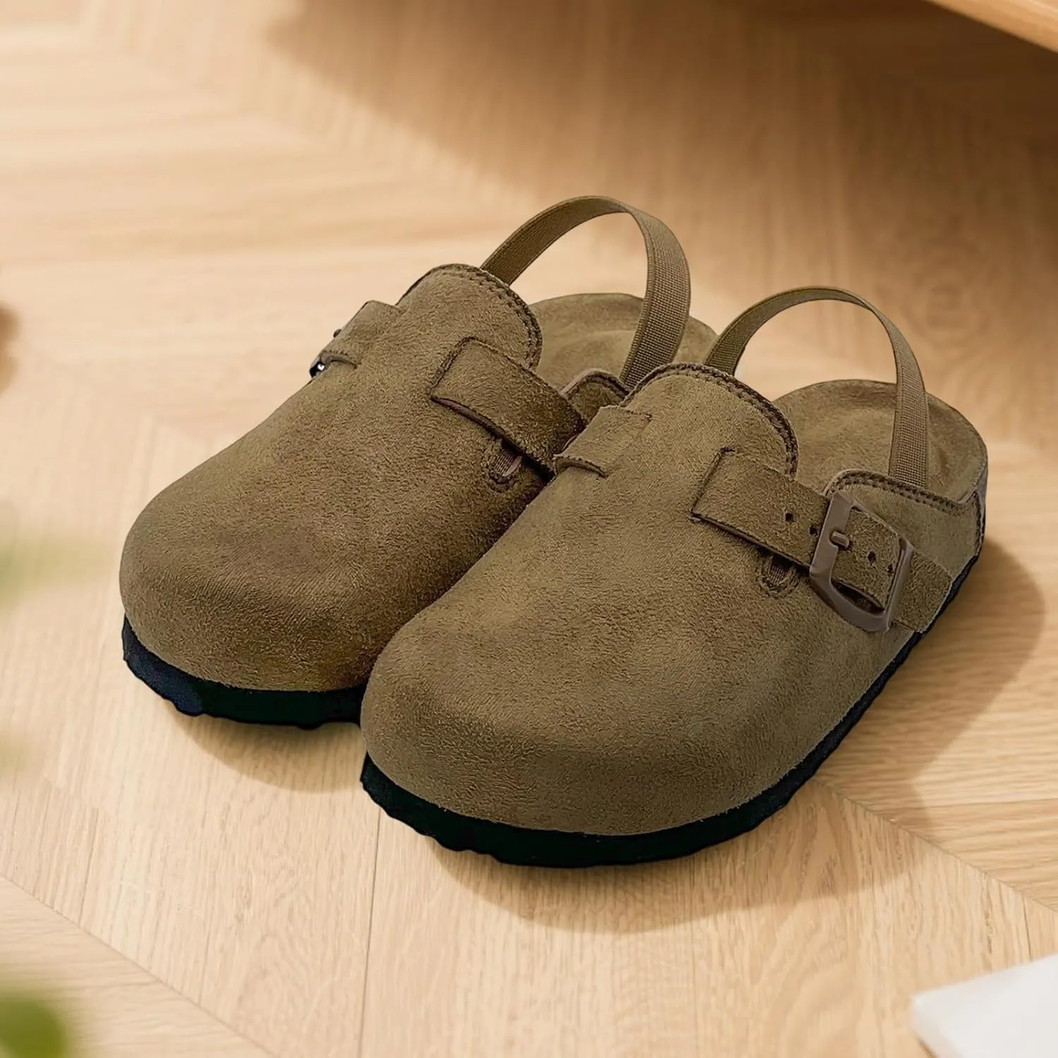 Kids Suede Clogs Toddler Clogs Boys Girls Sandals Cork Footbed Toddler Slip on Mules Indoor Outdoor Cute Sandals Classic Adjustable Buckle