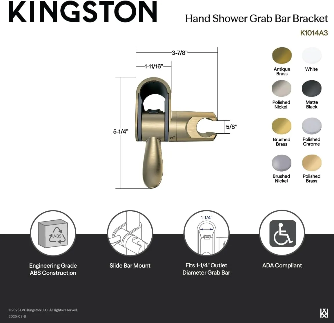 Kingston Brass K1014A2 Complement Hand Shower Slide Bar Bracket, 3-7/8'' (L) x 1-13/16'' (W) x 5-1/4'' (H), Polished Brass