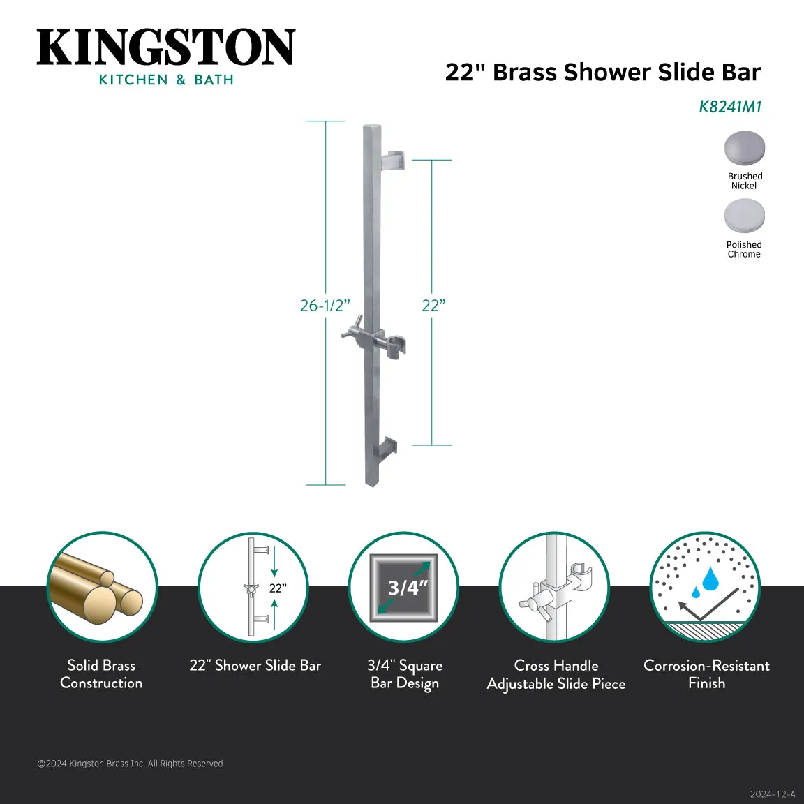 Kingston Brass K8241M1 Claremont 22" Brass Shower Slide Bar, Polished Chrome