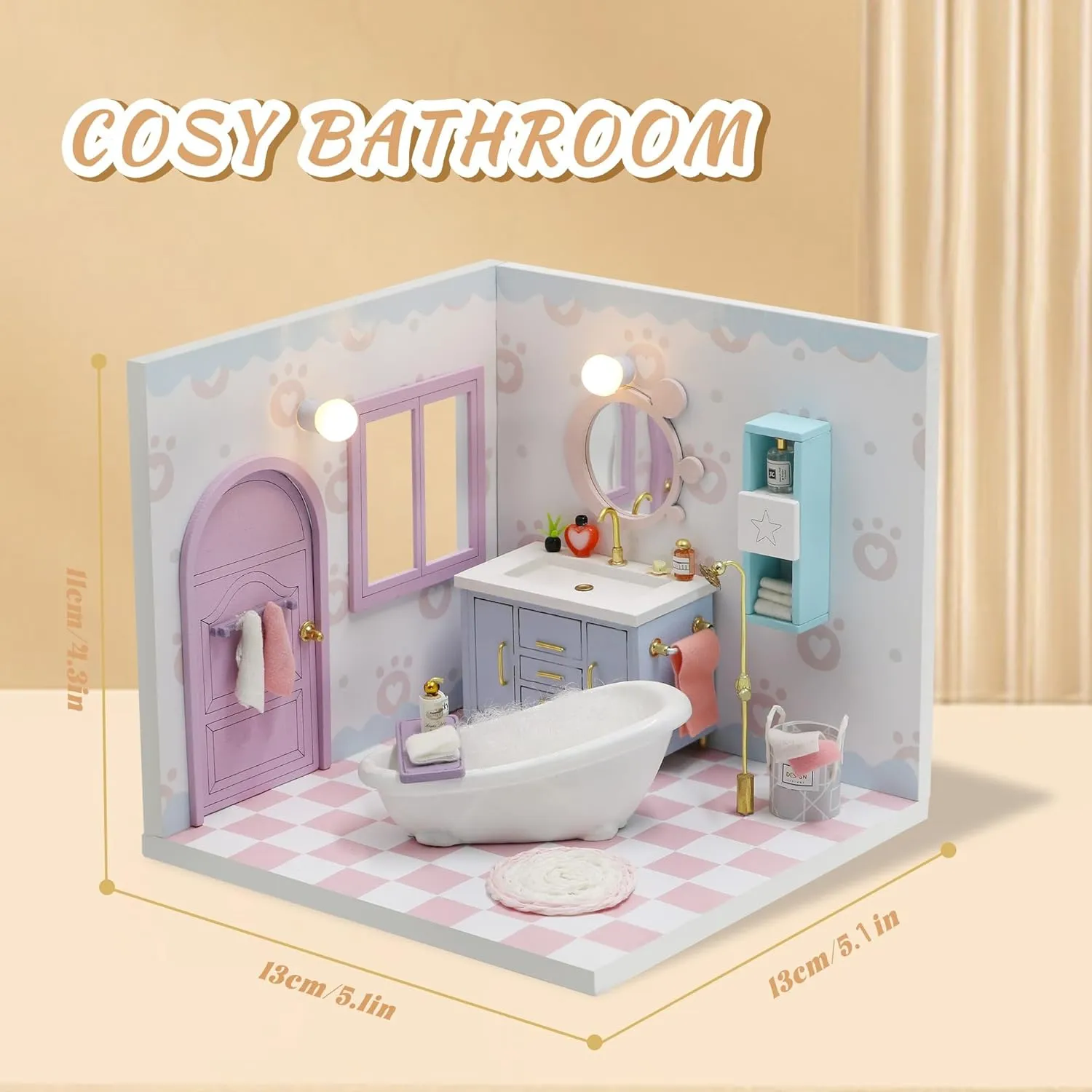 Kisoy Dollhouse Miniature with Furniture Kit, DIY 3D Wooden DIY House Kit A Corner of a Small Apartment Style with Dust Cover & LED,Handmade Tiny House Toys for Kids Adults Gift (Bathroom)