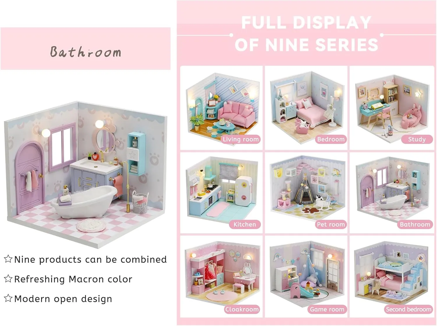 Kisoy Dollhouse Miniature with Furniture Kit, DIY 3D Wooden DIY House Kit A Corner of a Small Apartment Style with Dust Cover & LED,Handmade Tiny House Toys for Kids Adults Gift (Bathroom)