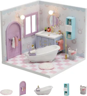 Kisoy Dollhouse Miniature with Furniture Kit, DIY 3D Wooden DIY House Kit A Corner of a Small Apartment Style with Dust Cover & LED,Handmade Tiny House Toys for Kids Adults Gift (Bathroom)