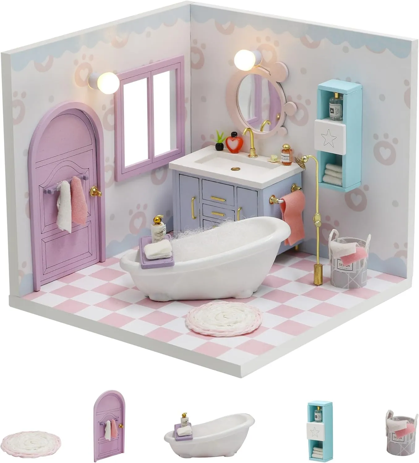 Kisoy Dollhouse Miniature with Furniture Kit, DIY 3D Wooden DIY House Kit A Corner of a Small Apartment Style with Dust Cover & LED,Handmade Tiny House Toys for Kids Adults Gift (Bathroom)