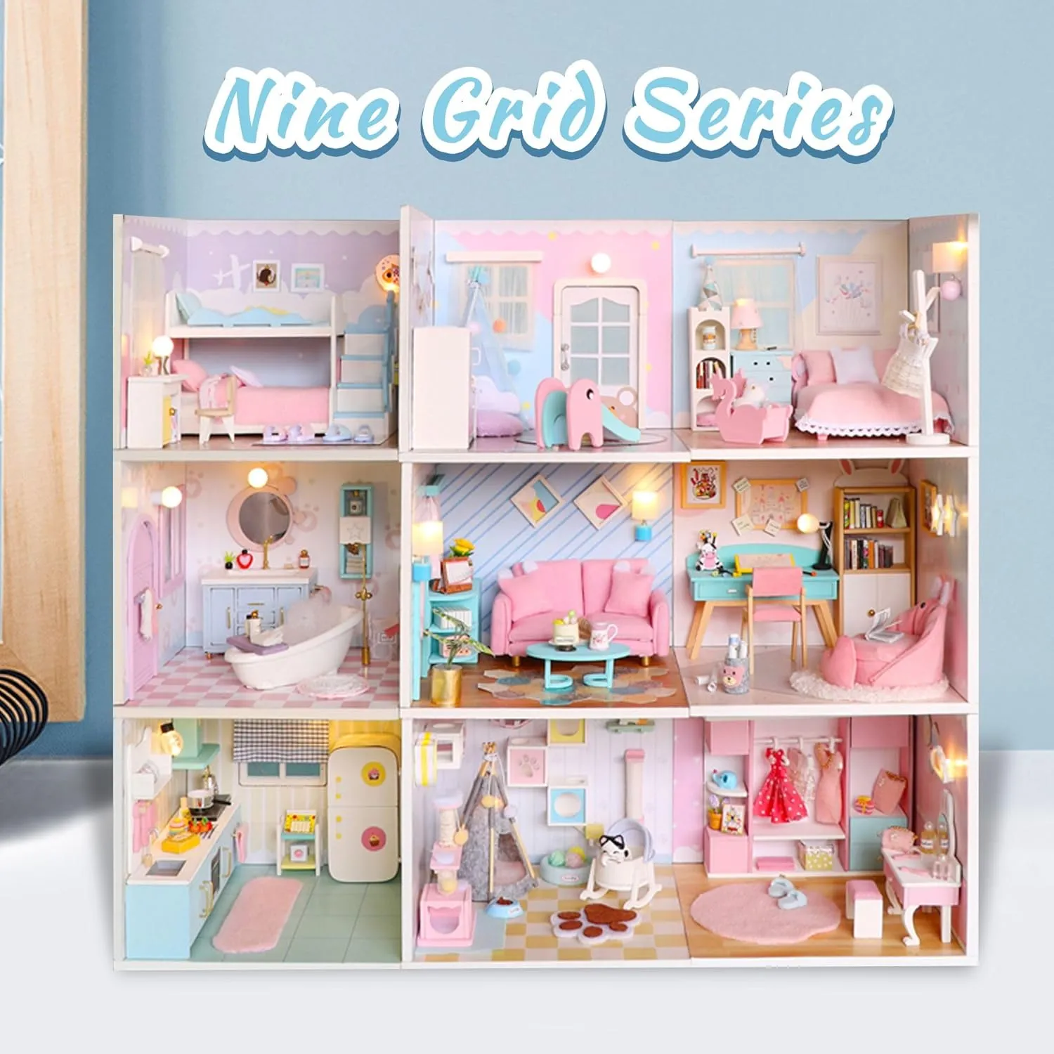 Kisoy Dollhouse Miniature with Furniture Kit, DIY 3D Wooden DIY House Kit A Corner of a Small Apartment Style with Dust Cover & LED,Handmade Tiny House Toys for Kids Adults Gift (Bathroom)