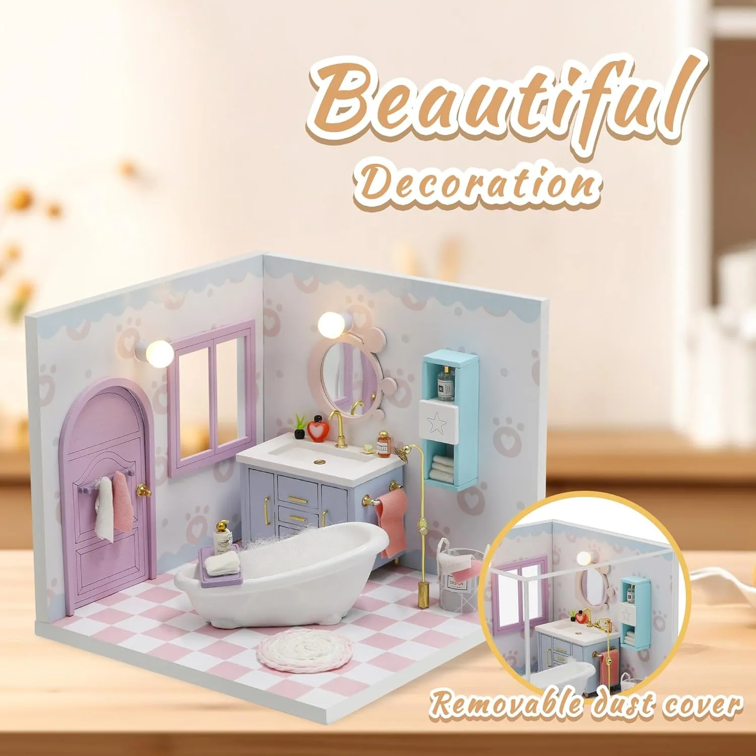 Kisoy Dollhouse Miniature with Furniture Kit, DIY 3D Wooden DIY House Kit A Corner of a Small Apartment Style with Dust Cover & LED,Handmade Tiny House Toys for Kids Adults Gift (Bathroom)