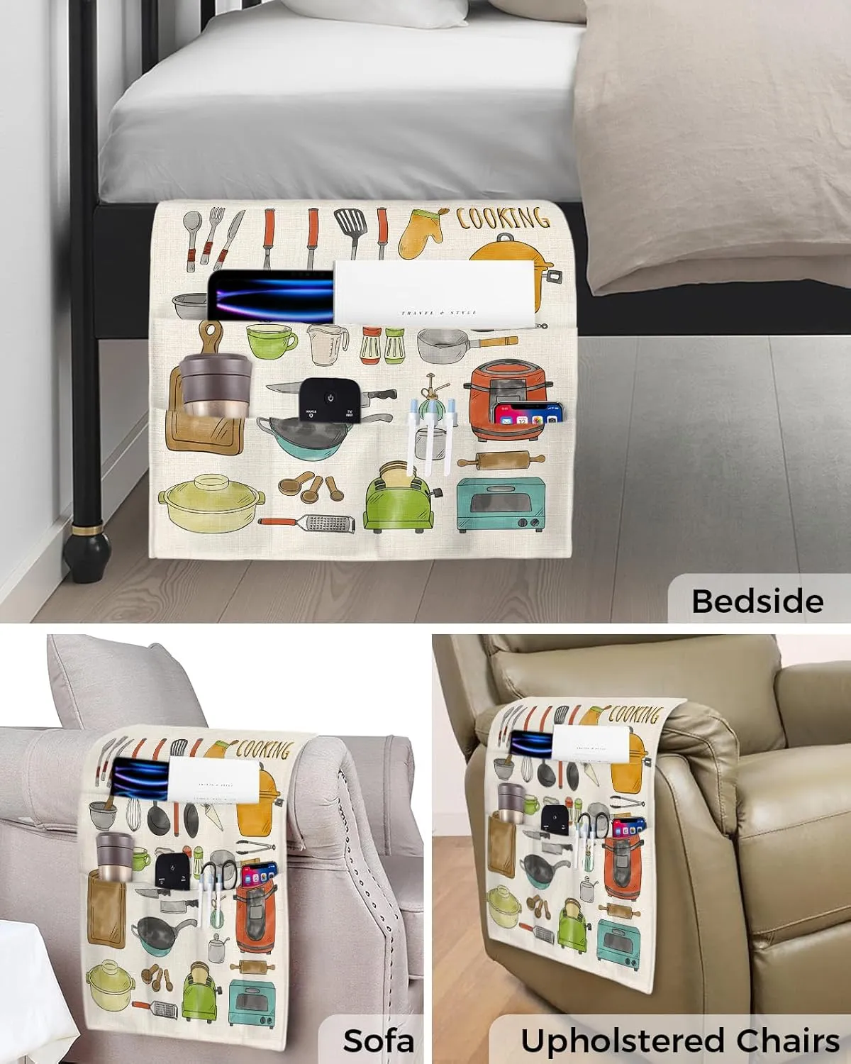 Kitchen Cooking Remote Control Holder for Bed Recliner Sofa Armrest Organizer, Farmhouse Country Black Plaid Burlap Couch Caddy Bedside Storage with 5 Pockets for Magazine/Phone/Cup 19.7"x35"