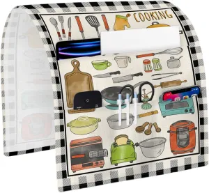 Kitchen Cooking Remote Control Holder for Bed Recliner Sofa Armrest Organizer, Farmhouse Rutsic Black Plaid Burlap Couch Caddy Bedside Storage with 4 Pockets for Magazine/Phone/Cup 13"x35"