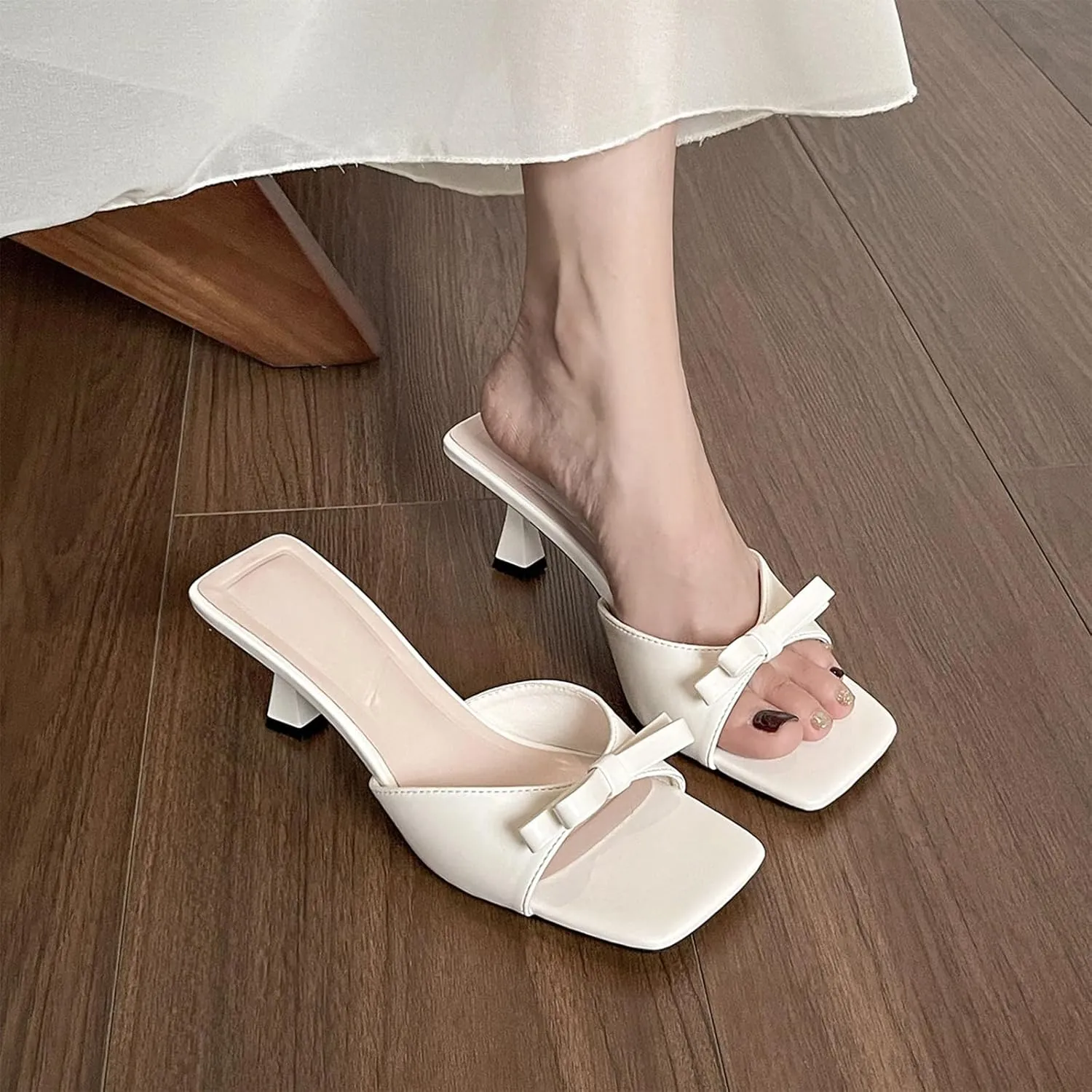 Kitten Heels for Women Slip On Square Open Toe Bow Low Heels Sandals Summer Heeled Mules Sandals Casual Dress Shoes