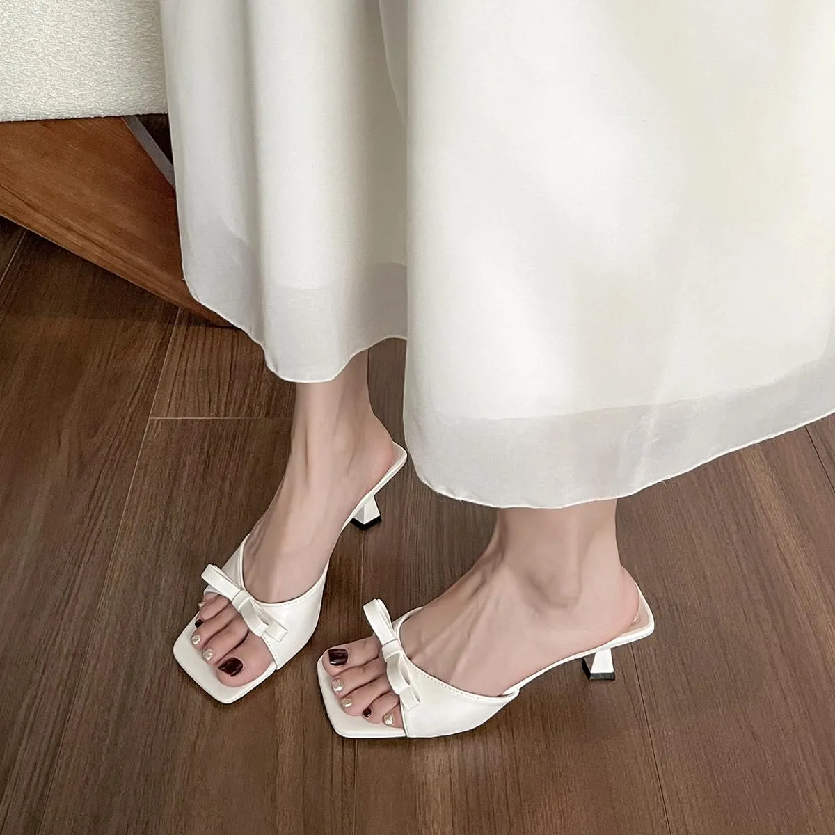 Kitten Heels for Women Slip On Square Open Toe Bow Low Heels Sandals Summer Heeled Mules Sandals Casual Dress Shoes
