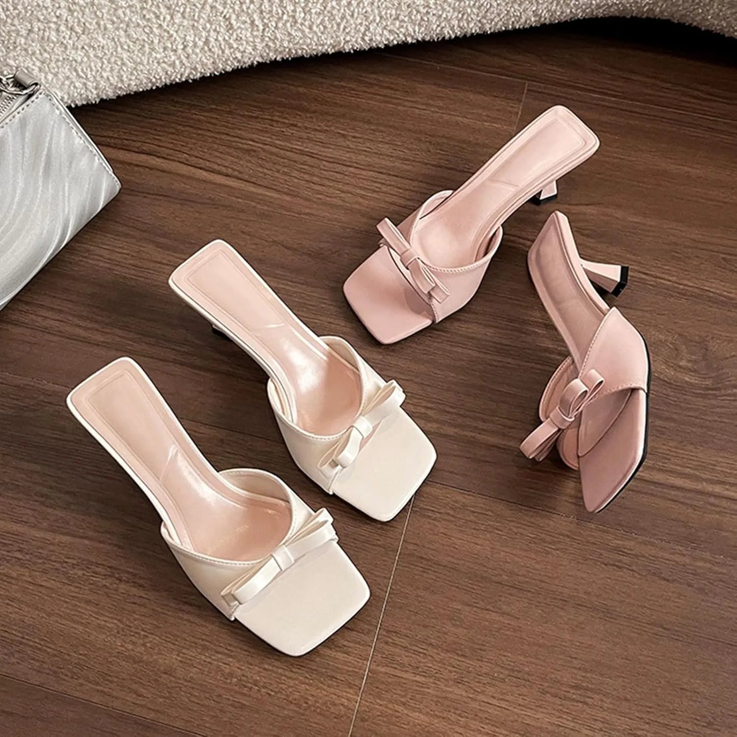 Kitten Heels for Women Slip On Square Open Toe Bow Low Heels Sandals Summer Heeled Mules Sandals Casual Dress Shoes