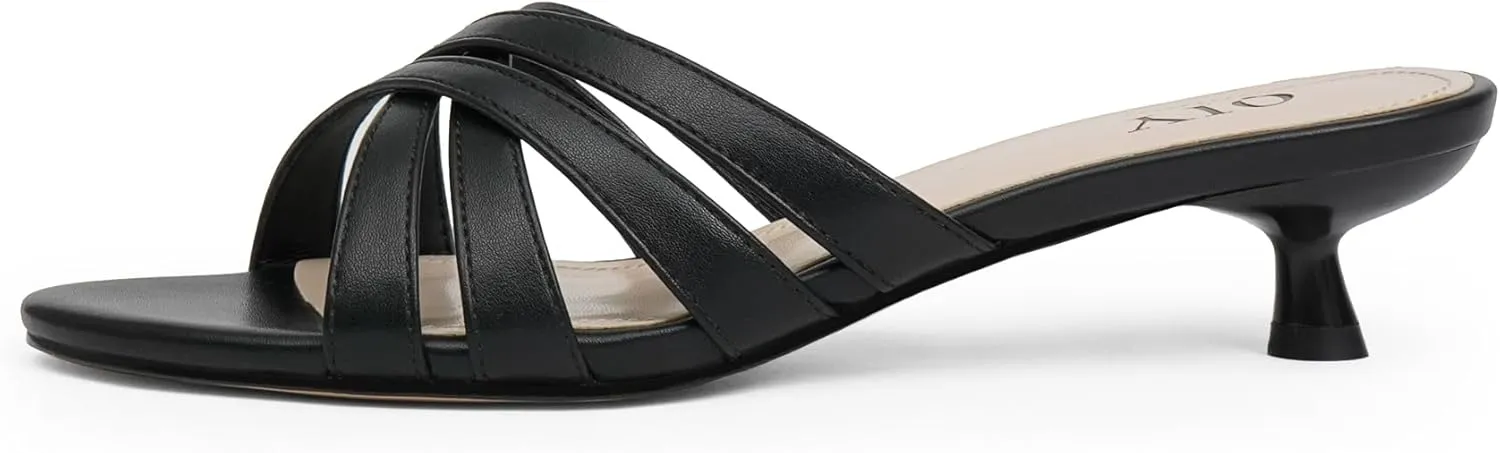 Kitten Heels for Women Strappy Low Heels Open Rounded Toe Mules Slip on Slide Sandals Comfort Dress Shoes