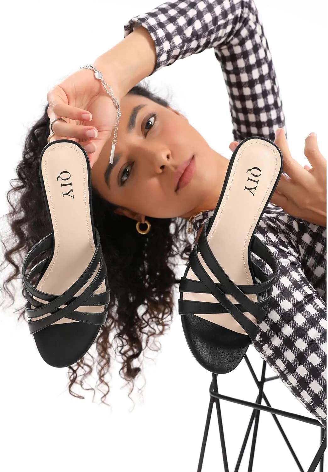 Kitten Heels for Women Strappy Low Heels Open Rounded Toe Mules Slip on Slide Sandals Comfort Dress Shoes