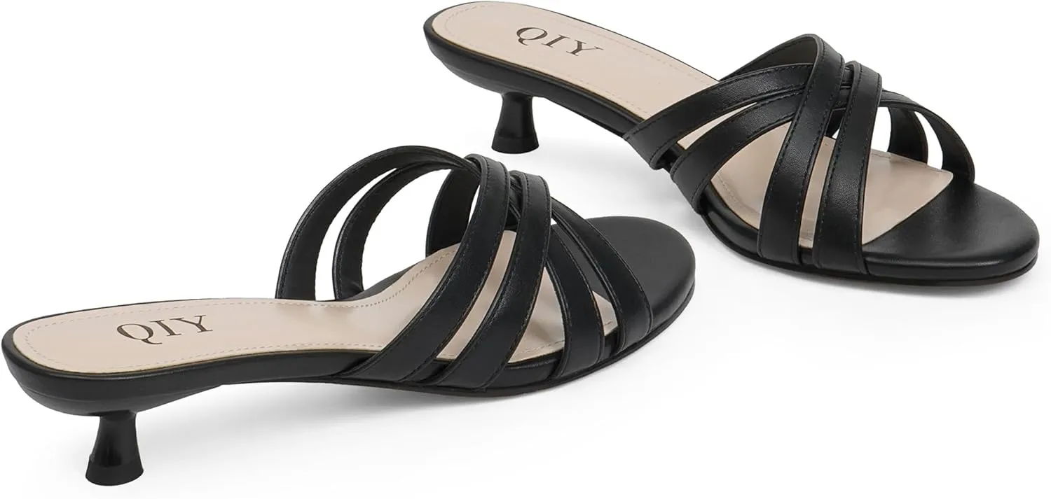 Kitten Heels for Women Strappy Low Heels Open Rounded Toe Mules Slip on Slide Sandals Comfort Dress Shoes