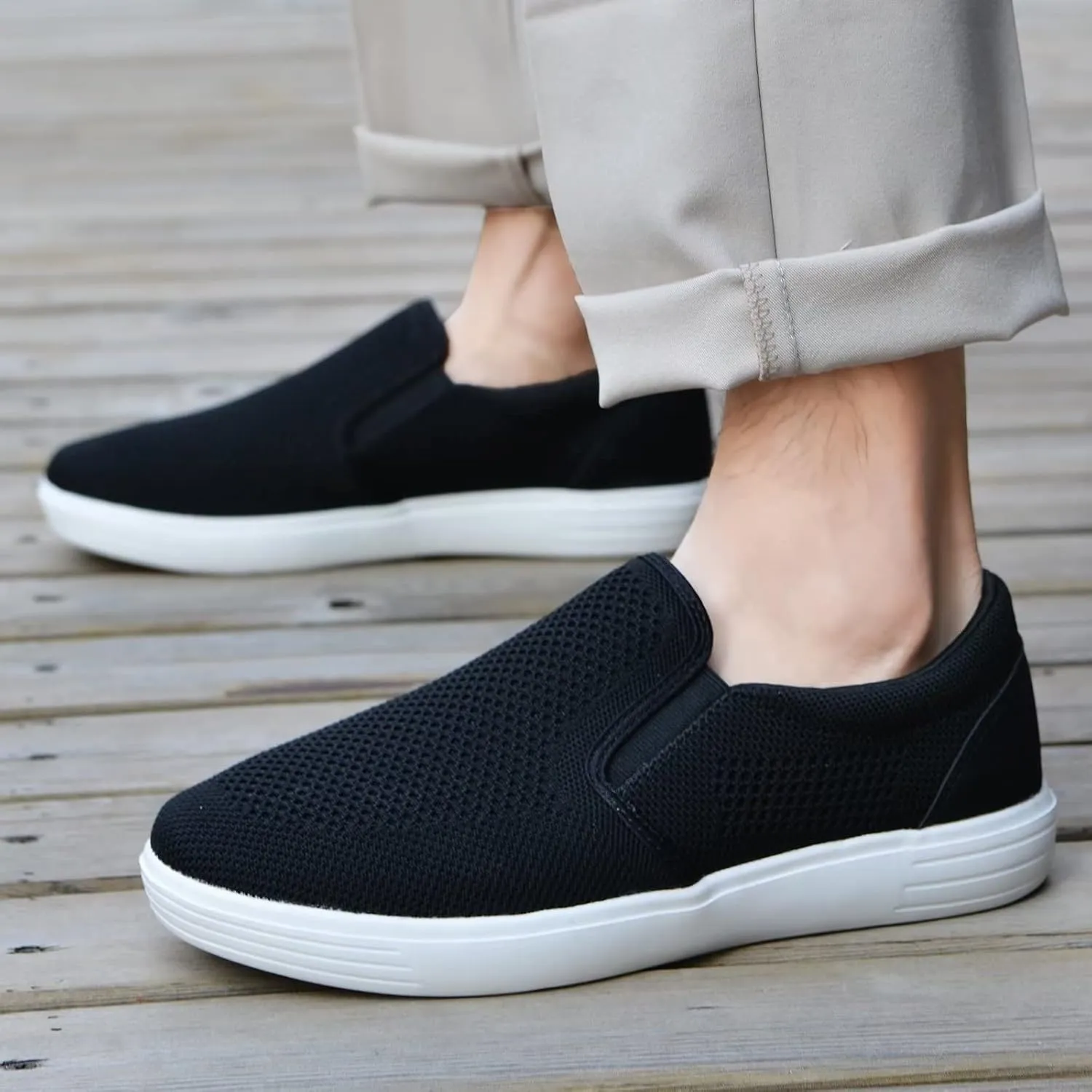 konhill Slip on Sneaker for Men- Casual Knit Boat Loafers Walking Shoes Driving Work Memory Skate Foam Shoes