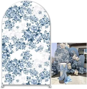 KONPON Bloom Blue Vintage Floral Arched Backdrop Cover Blue Chinoiserie Theme Arch Stand Covers Birthday Wedding Bridal Shower Party Decorations (No Stand!)