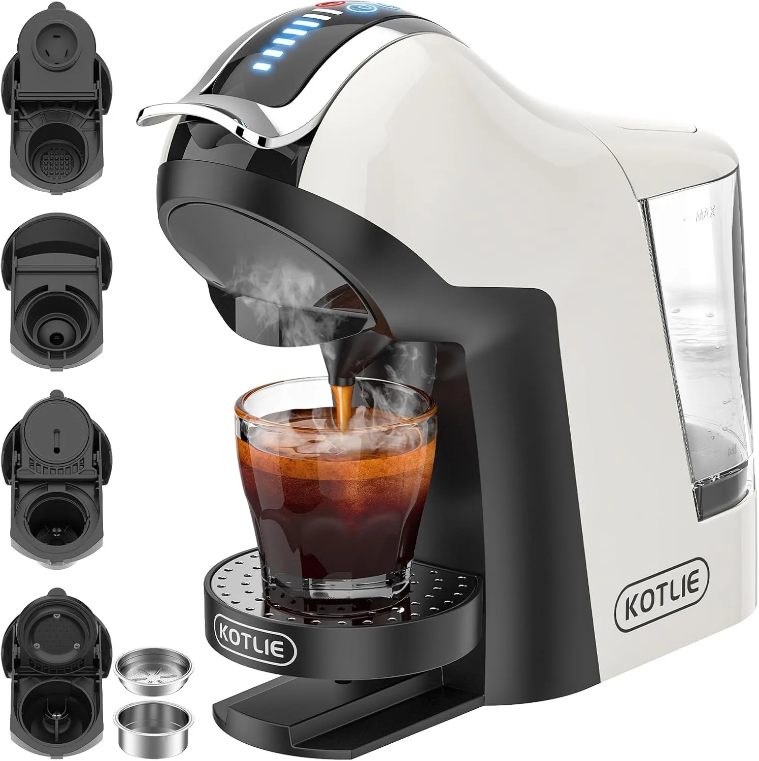 KOTLIE 5in1 19Bar Multicapsule Espresso Coffee Machine, Cold&Hot Brewing Single-Serve Coffee Maker, Cappuccino&Latte Maker for Kcup/Dolce Gusto/Nespresso Original/GroundCoffee/44mm ESE EM-308A (White)