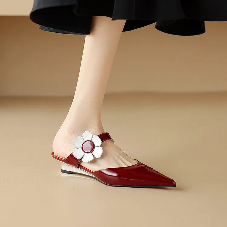 Ladies Pointed Toe Flower Detail Low Heel Mule Slip on