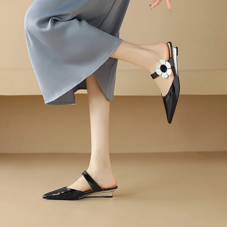 Ladies Pointed Toe Flower Detail Low Heel Mule Slip on