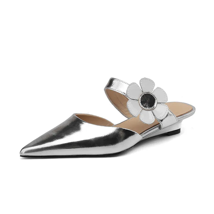 Ladies Pointed Toe Flower Detail Low Heel Mule Slip on