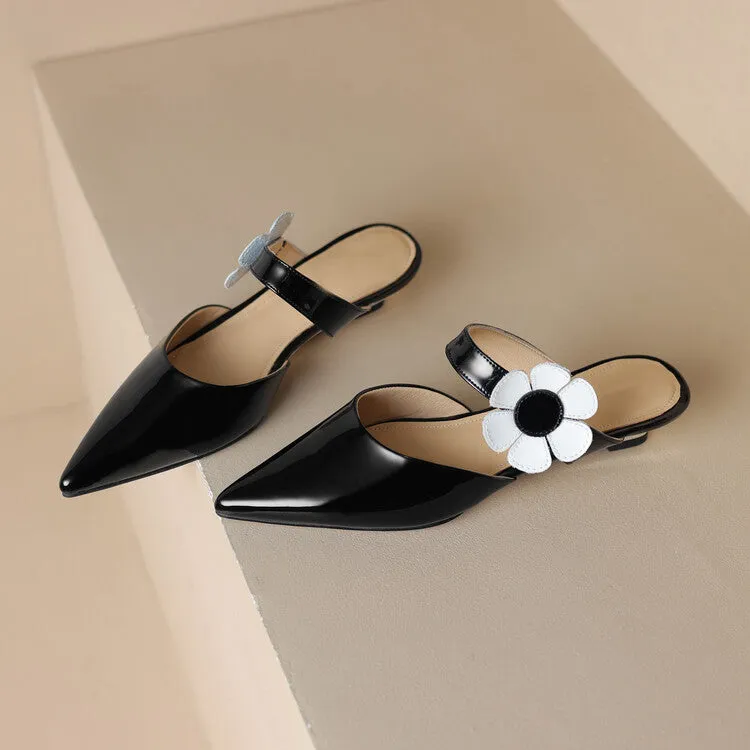 Ladies Pointed Toe Flower Detail Low Heel Mule Slip on