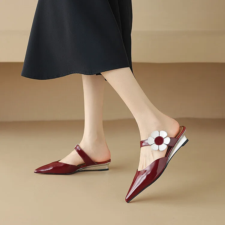 Ladies Pointed Toe Flower Detail Low Heel Mule Slip on