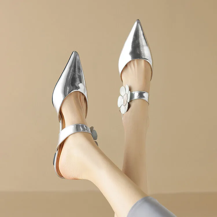 Ladies Pointed Toe Flower Detail Low Heel Mule Slip on