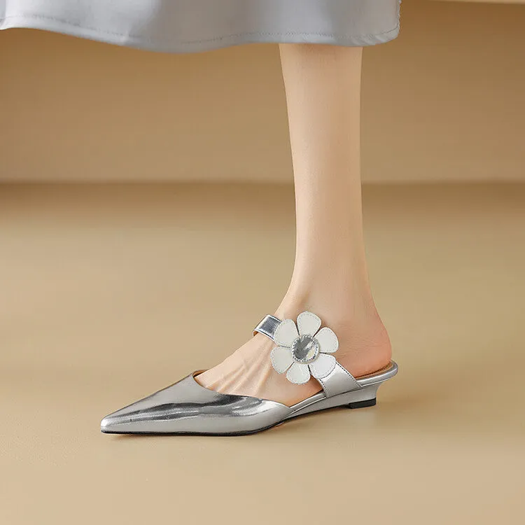 Ladies Pointed Toe Flower Detail Low Heel Mule Slip on