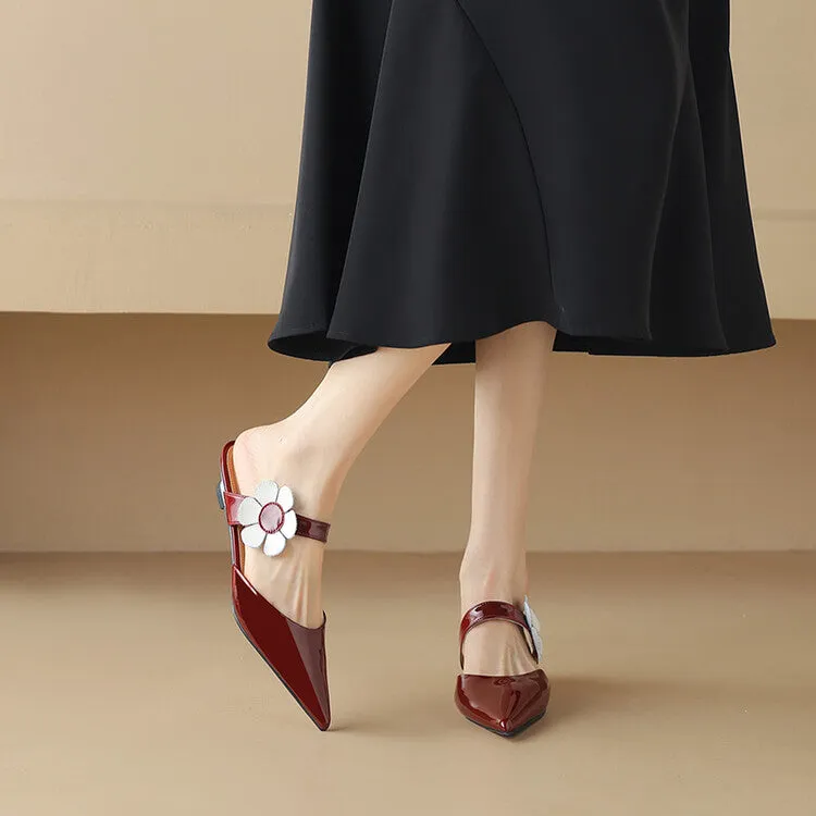 Ladies Pointed Toe Flower Detail Low Heel Mule Slip on