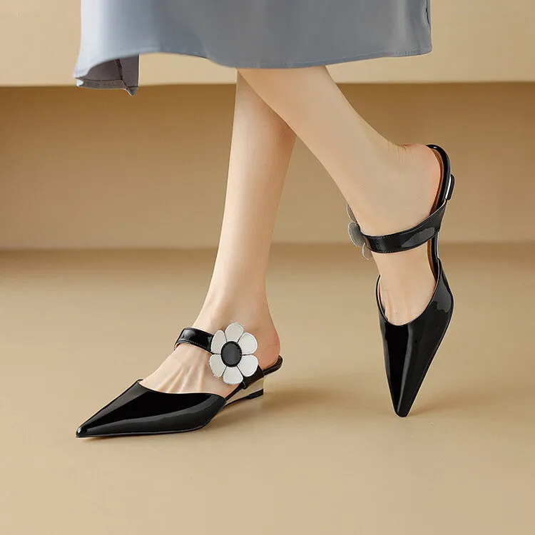 Ladies Pointed Toe Flower Detail Low Heel Mule Slip on