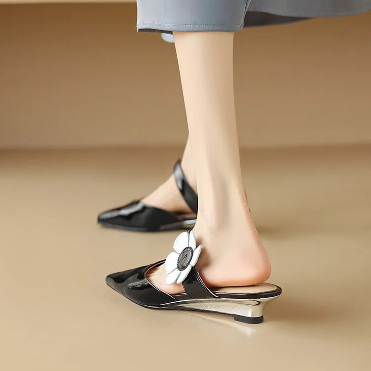 Ladies Pointed Toe Flower Detail Low Heel Mule Slip on