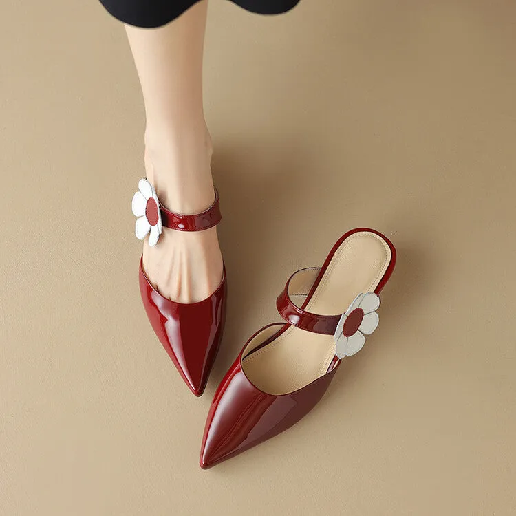 Ladies Pointed Toe Flower Detail Low Heel Mule Slip on