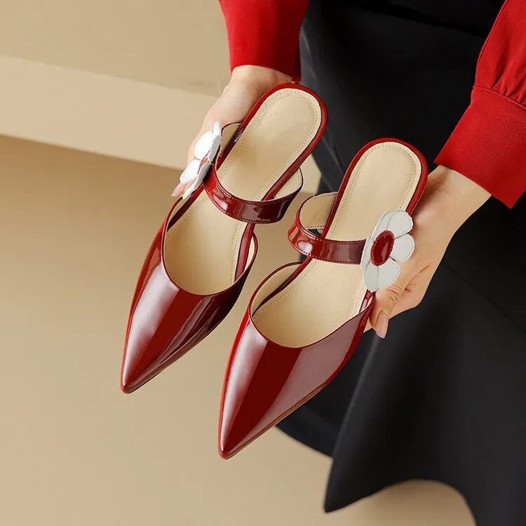 Ladies Pointed Toe Flower Detail Low Heel Mule Slip on