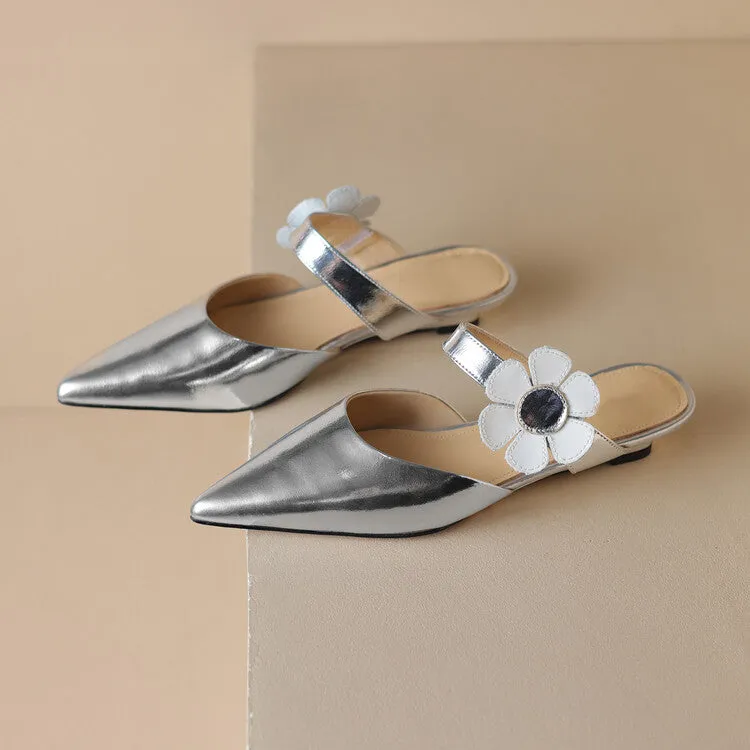 Ladies Pointed Toe Flower Detail Low Heel Mule Slip on