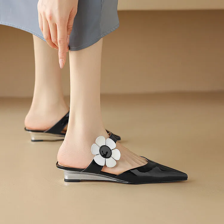 Ladies Pointed Toe Flower Detail Low Heel Mule Slip on