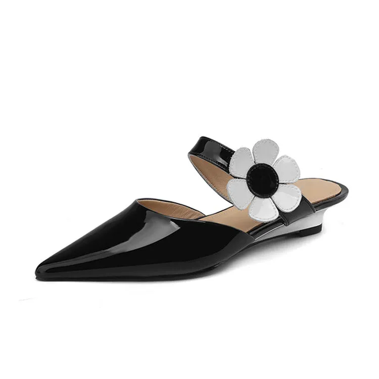 Ladies Pointed Toe Flower Detail Low Heel Mule Slip on