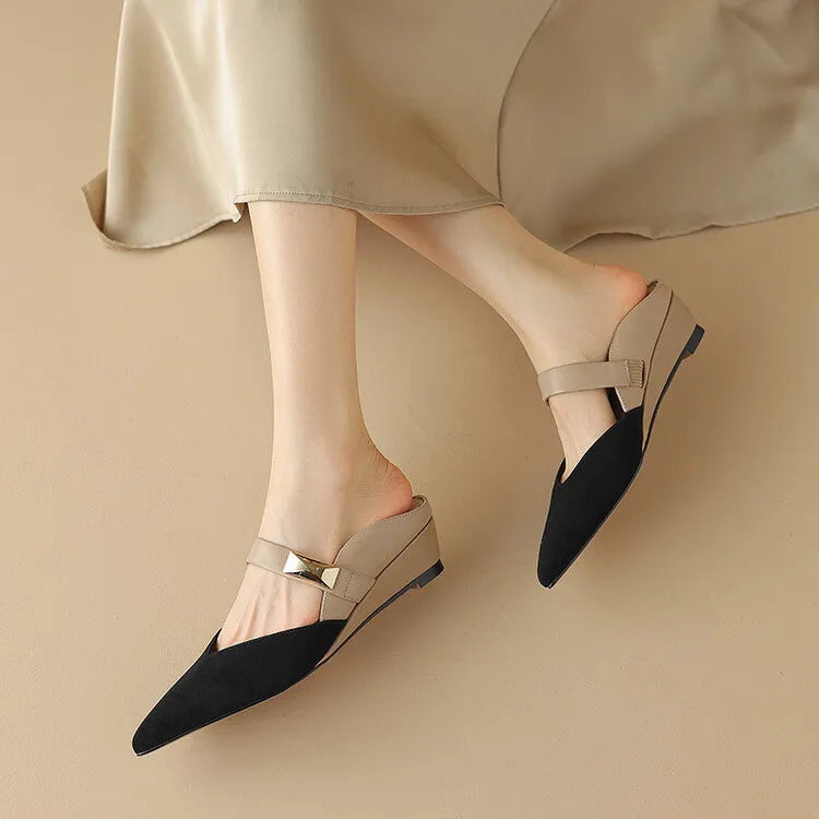 Ladies Pointed Toe Patchwork Upper Wedge Mule Slip on