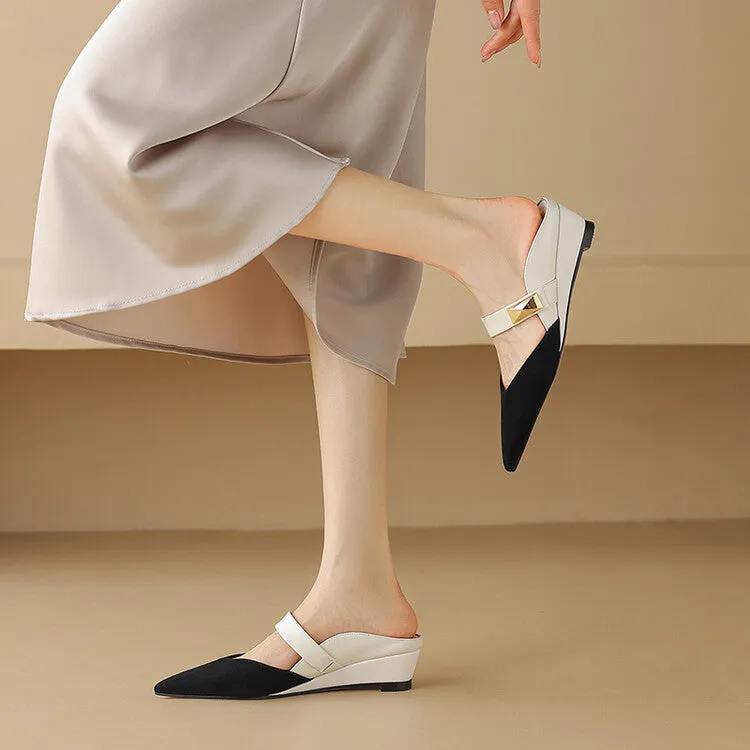 Ladies Pointed Toe Patchwork Upper Wedge Mule Slip on