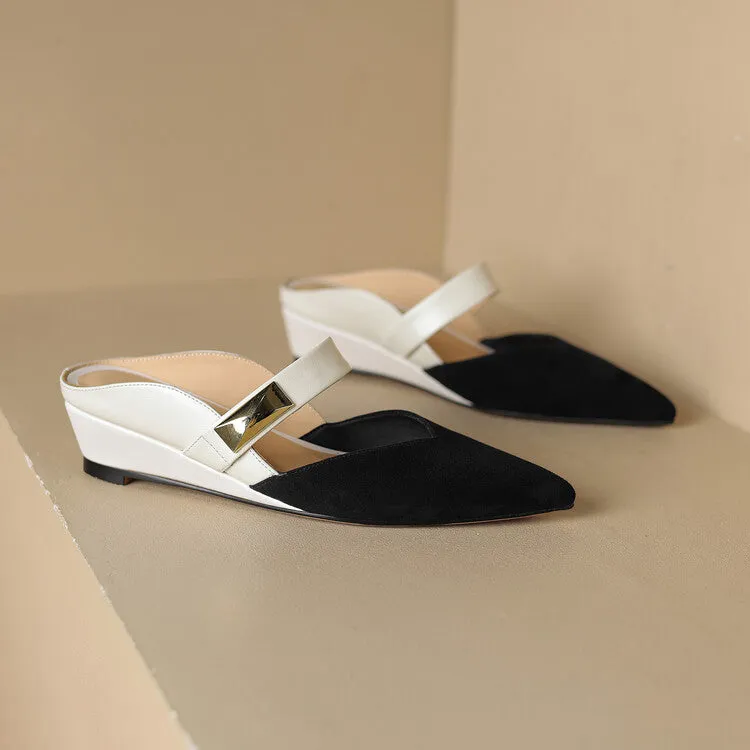 Ladies Pointed Toe Patchwork Upper Wedge Mule Slip on